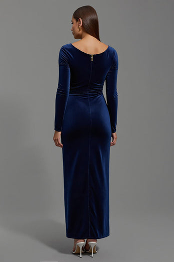 Navy Velvet Sheath Boat Neck Long Holiday Party Dress with Sleeves