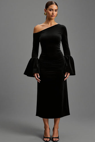Black Sheath One Shoulder Velvet Long Holiday Party Dress