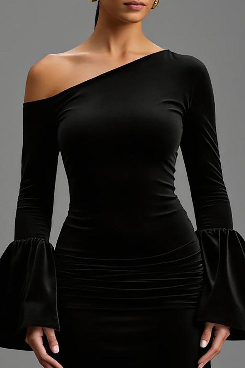 Load image into Gallery viewer, Black Sheath One Shoulder Velvet Long Holiday Party Dress