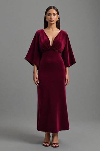 Burgundy V-Neck Sheath Velvet Long Holiday Party Dress with Sleeves