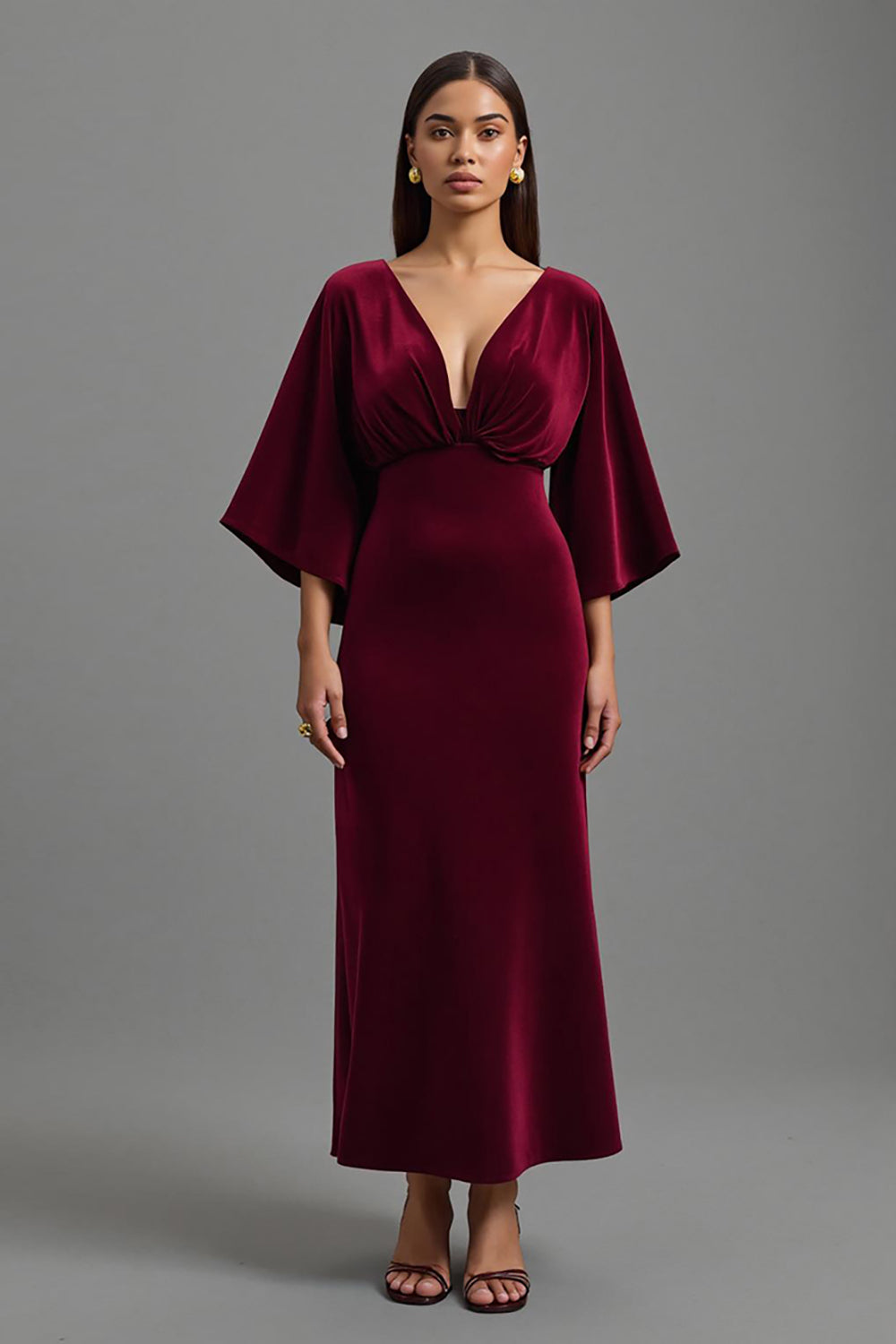 Burgundy V-Neck Sheath Velvet Long Holiday Party Dress with Sleeves