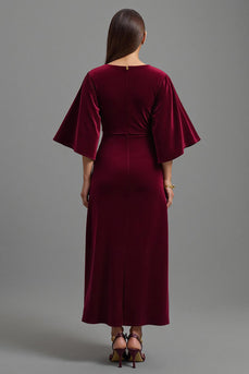 Burgundy V-Neck Sheath Velvet Long Holiday Party Dress with Sleeves