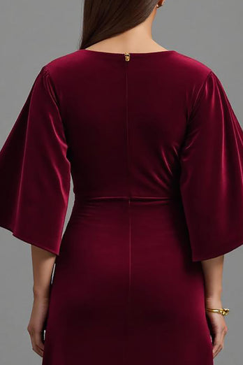 Burgundy V-Neck Sheath Velvet Long Holiday Party Dress with Sleeves
