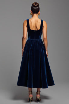 Navy A Line Velvet Square Neck Long Holiday Party Dress