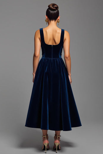 Navy A Line Velvet Square Neck Long Holiday Party Dress