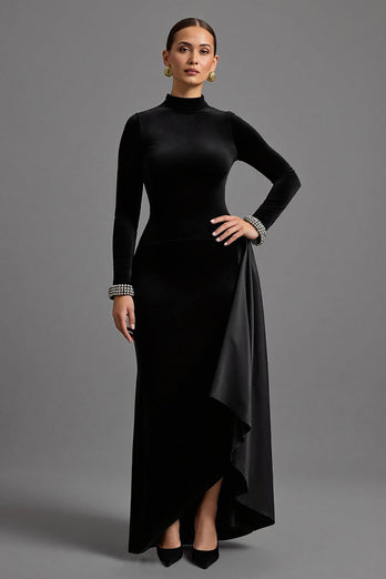 Black Velvet High Neck Long Holiday Party Dress with Sleeves