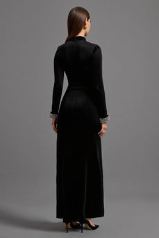 Black Velvet High Neck Long Holiday Party Dress with Sleeves