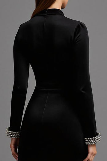 Black Velvet High Neck Long Holiday Party Dress with Sleeves
