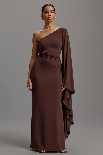 Coffee One Shoulder Sheath Asymmetrical Long Formal Dress with Sleeves