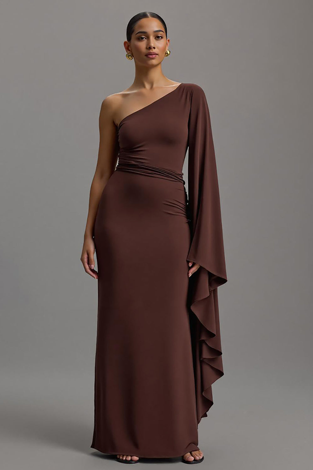 Coffee One Shoulder Sheath Asymmetrical Long Formal Dress with Sleeves