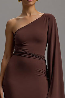 Coffee One Shoulder Sheath Asymmetrical Long Formal Dress with Sleeves