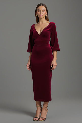 Burgundy V-Neck Velvet Half Sleeves Long Holiday Party Dress