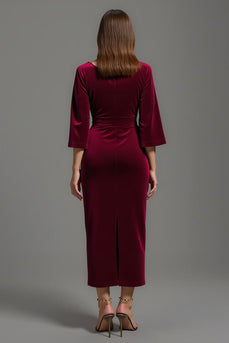 Burgundy V-Neck Velvet Half Sleeves Long Holiday Party Dress