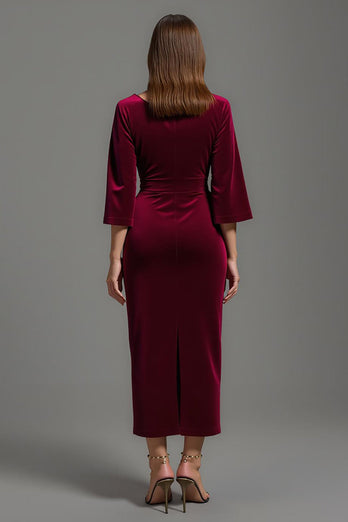 Burgundy V-Neck Velvet Half Sleeves Long Holiday Party Dress