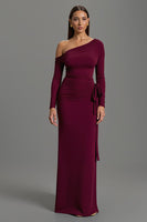 Load image into Gallery viewer, Burgundy Satin One Shoulder Long Sleeves Formal Dress