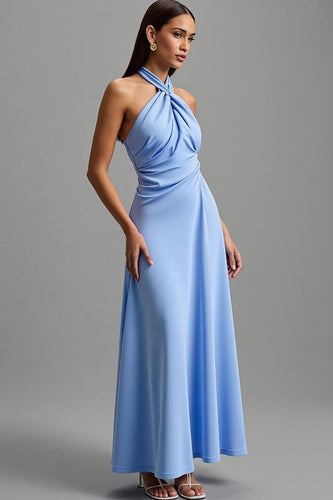 Blue Halter Backless Satin Long Formal Dress