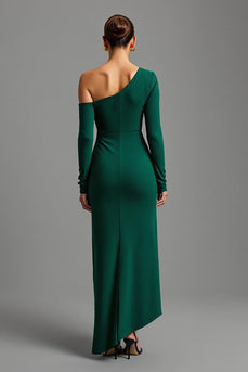 Dark Green Satin One Shoulder Asymmetrical Long Formal Dress