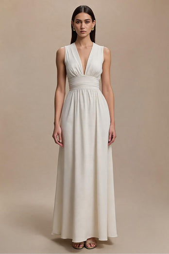 Simple Ivory A-Line V-Neck Long Formal Dress