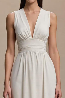Simple Ivory A-Line V-Neck Long Formal Dress