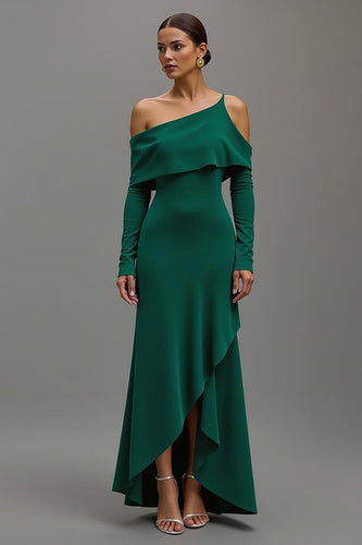 Dark Green One Shoulder Ruffled High-Low Formal Dress with Sleeves