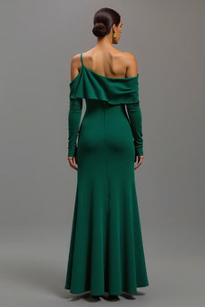 Dark Green One Shoulder Ruffled High-Low Formal Dress with Sleeves