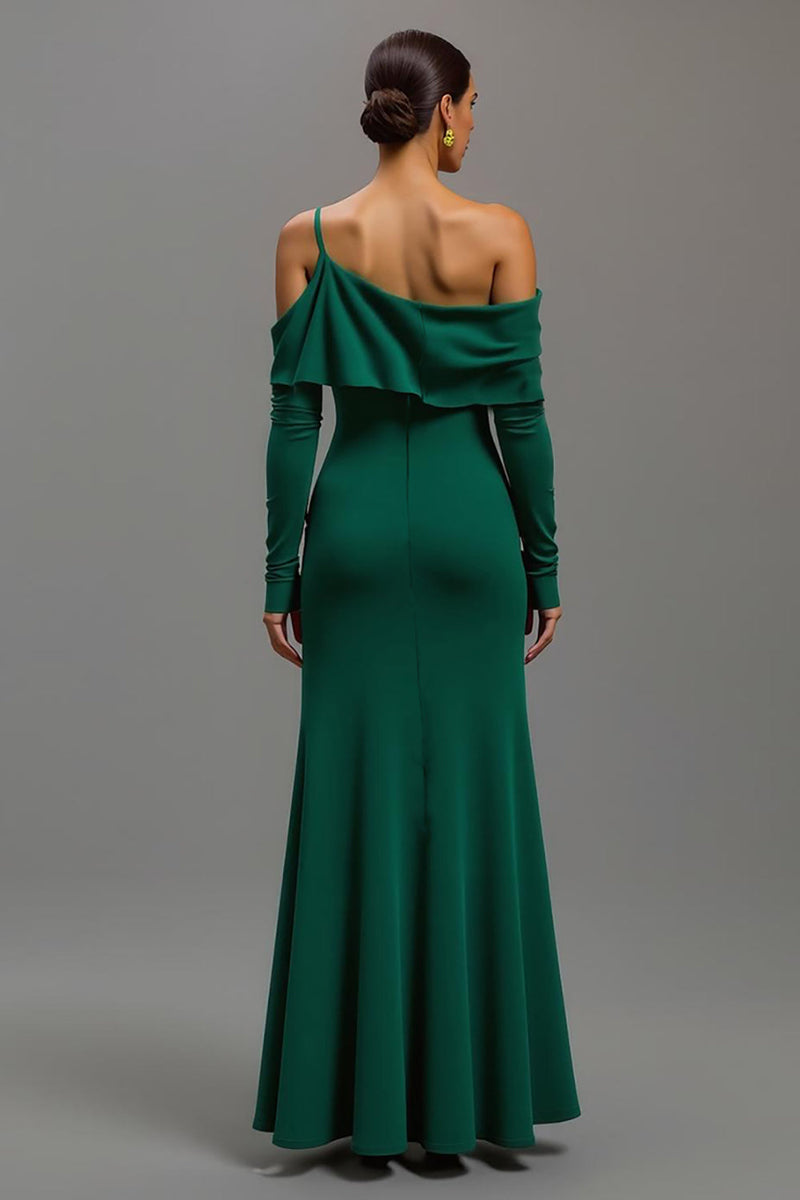 Load image into Gallery viewer, Dark Green One Shoulder Ruffled High-Low Formal Dress with Sleeves