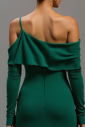 Dark Green One Shoulder Ruffled High-Low Formal Dress with Sleeves