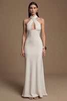 Load image into Gallery viewer, Ivory Keyhole Halter Long Satin Formal Dress