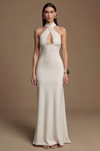 Ivory Keyhole Halter Long Satin Formal Dress