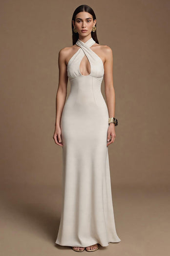Ivory Keyhole Halter Long Satin Formal Dress