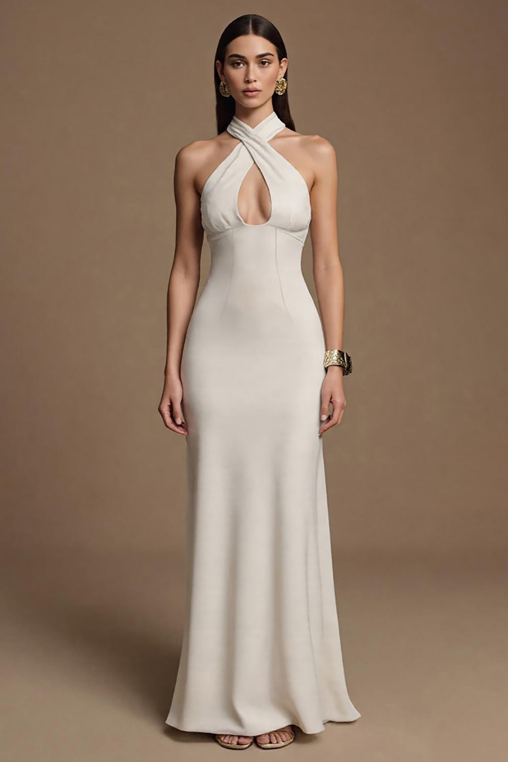 Ivory Keyhole Halter Long Satin Formal Dress