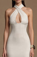 Load image into Gallery viewer, Ivory Keyhole Halter Long Satin Formal Dress