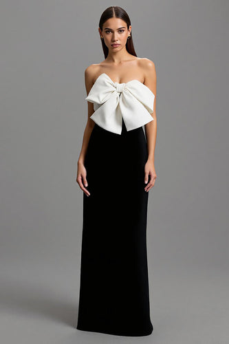 Black and White Long Strapless Satin Formal Dress with Bows