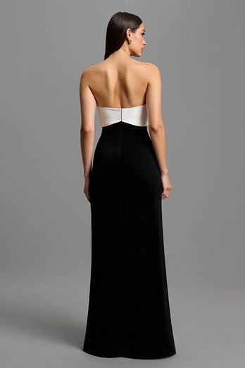 Black and White Long Strapless Satin Formal Dress with Bows