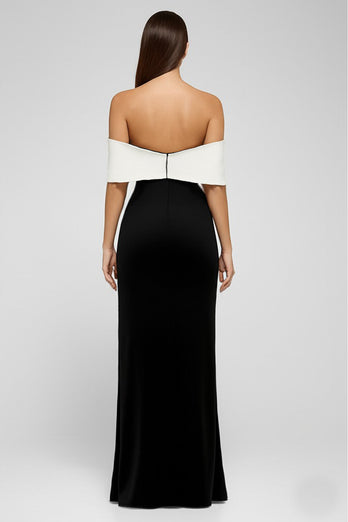 Black and White Off the Shoulder Satin Long Formal Dress