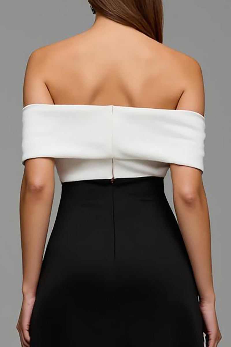 Load image into Gallery viewer, Black and White Satin Sheath Long Formal Dress with Bows