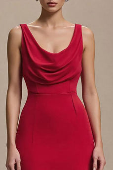 Simple Red Satin Cowl Neck A Line Long Formal Dress