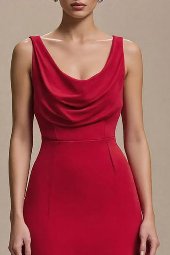 Simple Red Satin Cowl Neck A Line Long Formal Dress