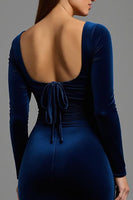 Load image into Gallery viewer, Simple Navy Long Sleeves Velvet Holiday Party Dress