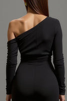 Load image into Gallery viewer, Black One Shoulder Satin Long Formal Dress with Sleeves