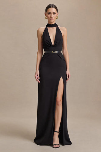 Black Halter Stain Sheath Long Formal Dress with Slit