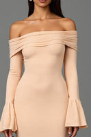Load image into Gallery viewer, Apricot Off the Shoulder Sheath Long Sleeves Formal Dress