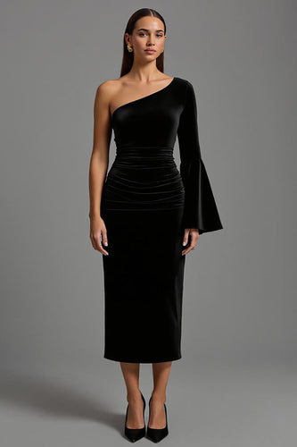 Black Ruched One Shoulder Velvet Long Holiday Party Dress