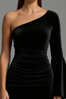 Black Ruched One Shoulder Velvet Long Holiday Party Dress