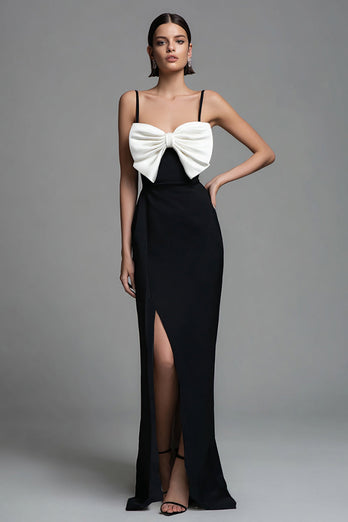 Black and White Sheath Spaghetti Straps Bow Long Formal Dress with Slit