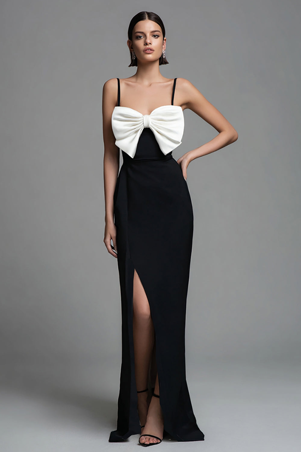 Black and White Sheath Spaghetti Straps Bow Long Formal Dress with Slit