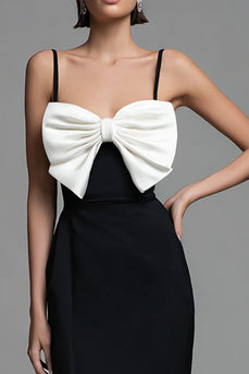 Black and White Sheath Spaghetti Straps Bow Long Formal Dress with Slit