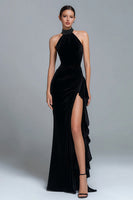 Load image into Gallery viewer, Simple Black Halter Beaded Sheath Long Holiday Party Dress with Slit