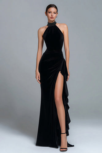 Simple Black Halter Beaded Sheath Long Holiday Party Dress with Slit