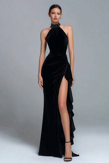 Simple Black Halter Beaded Sheath Long Holiday Party Dress with Slit